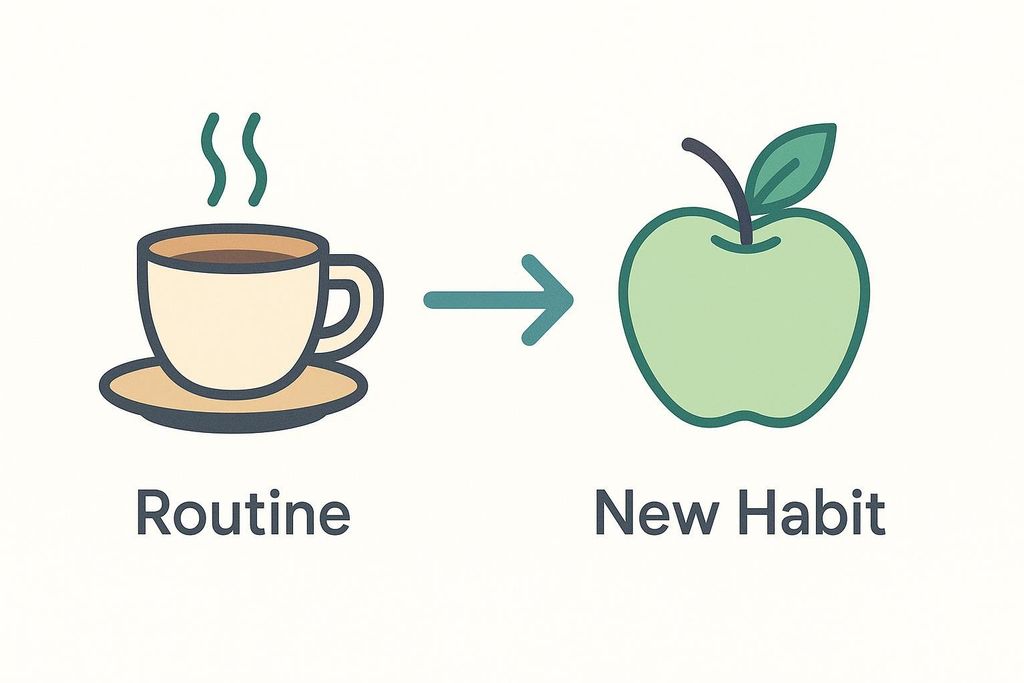 A flowchart showing a steaming cup of coffee labeled 'Routine' connected by an arrow to a green apple labeled 'New Habit'. This visually represents the process of building a new habit by associating it with an existing routine.