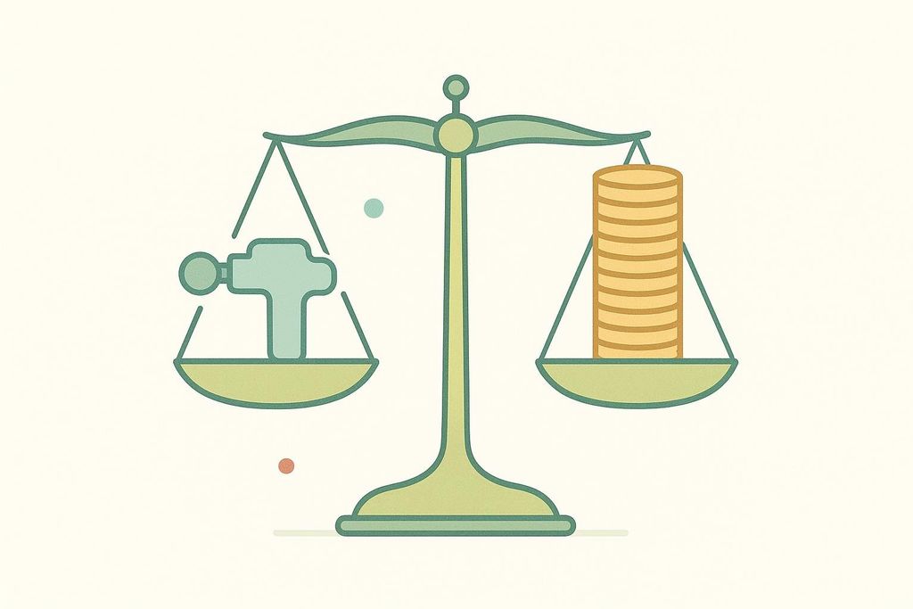 A balance scale with a light blue object on the left pan and a stack of coins on the right pan, with the coins pulling their side down. This represents comparing device costs to recurring costs.