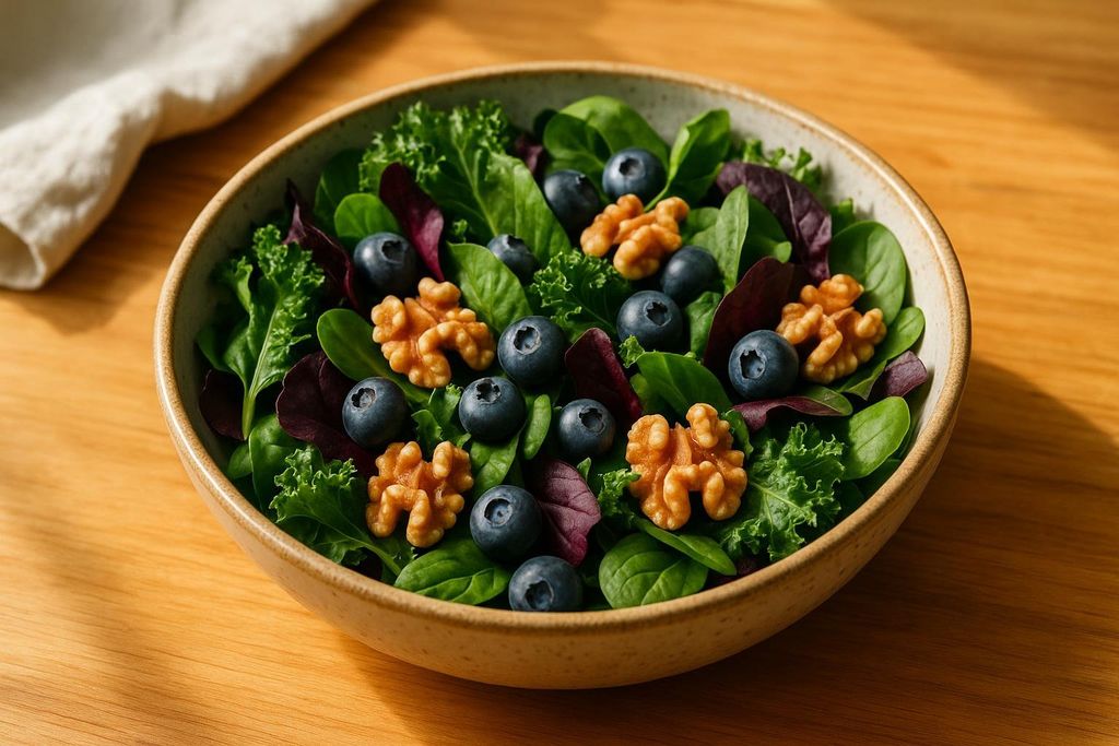 A close-up shot of a vibrant salad in a round, light-colored bowl, featuring dark green leafy greens, purple lettuce, whole blueberries, and walnuts, set on a wooden table.