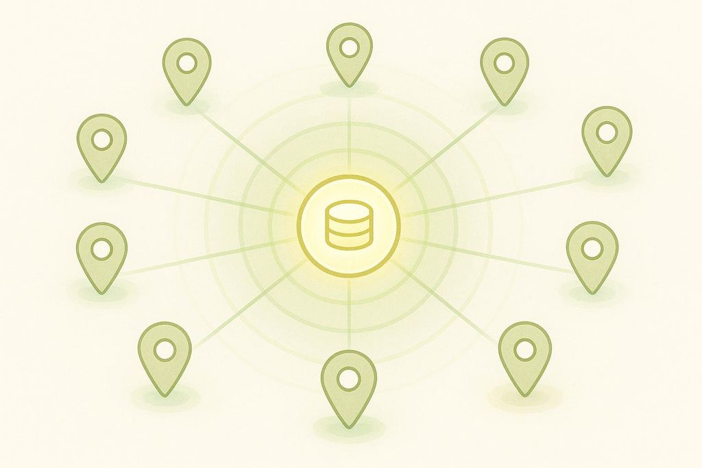 An illustration showing a central database or data hub, depicted as a stack of three oval shapes, connected by lines to eight location pin icons arranged in a circle. The central hub is glowing yellow and green, with concentric circles emanating from it, while the pin icons are green. This visual represents a central system harmonizing data or scanners across multiple locations for consistent results.