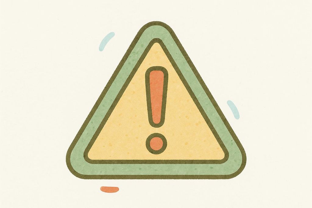 A stylized warning triangle icon with an exclamation mark in the center, rendered with a textured, slightly worn appearance. The triangle's border is green, and its interior is a pale yellow, while the exclamation mark is orange.