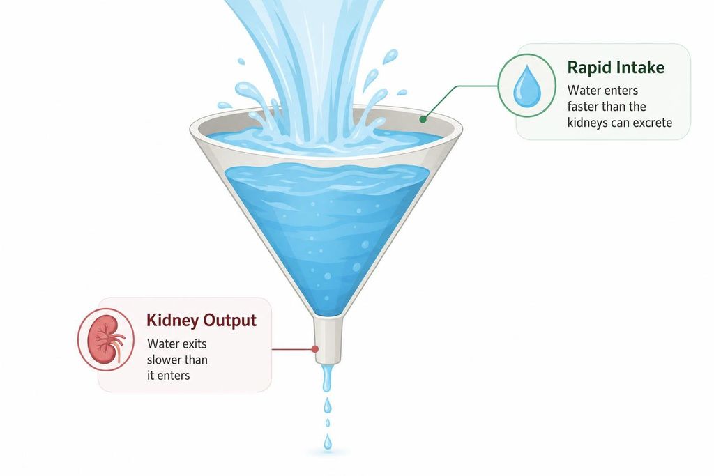 An illustration depicting a funnel being filled rapidly with water labeled 'Rapid Intake', while water drips slowly from its narrow opening labeled 'Kidney Output', demonstrating that water enters faster than the kidneys can excrete it.