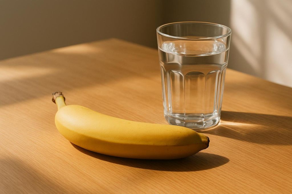 A yellow banana and a clear glass of water sitting on a light wooden table. The table has subtle wood grain, and soft shadows are cast from the glass and banana, indicating natural light from the left.