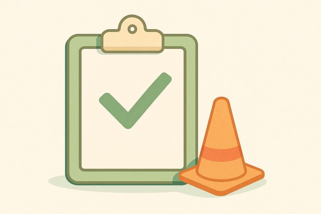 An illustration showing a green clipboard with a large green checkmark on its paper, next to an orange training cone. This represents tracking fitness goals or tasks.