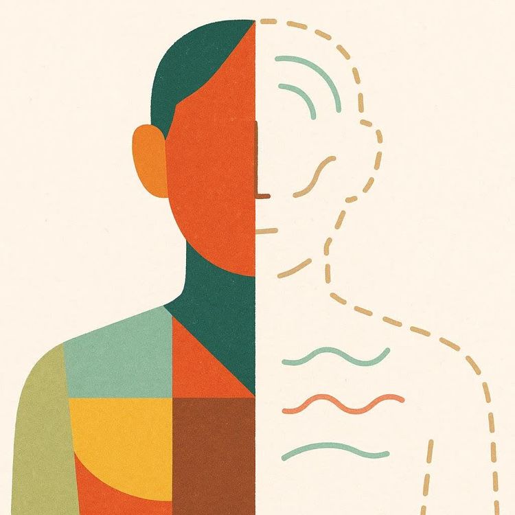 An abstract illustration of a person divided down the middle. One half is a solid colored silhouette, while the other half is an outline made of dashes, with squiggly lines inside representing internal states or feelings.
