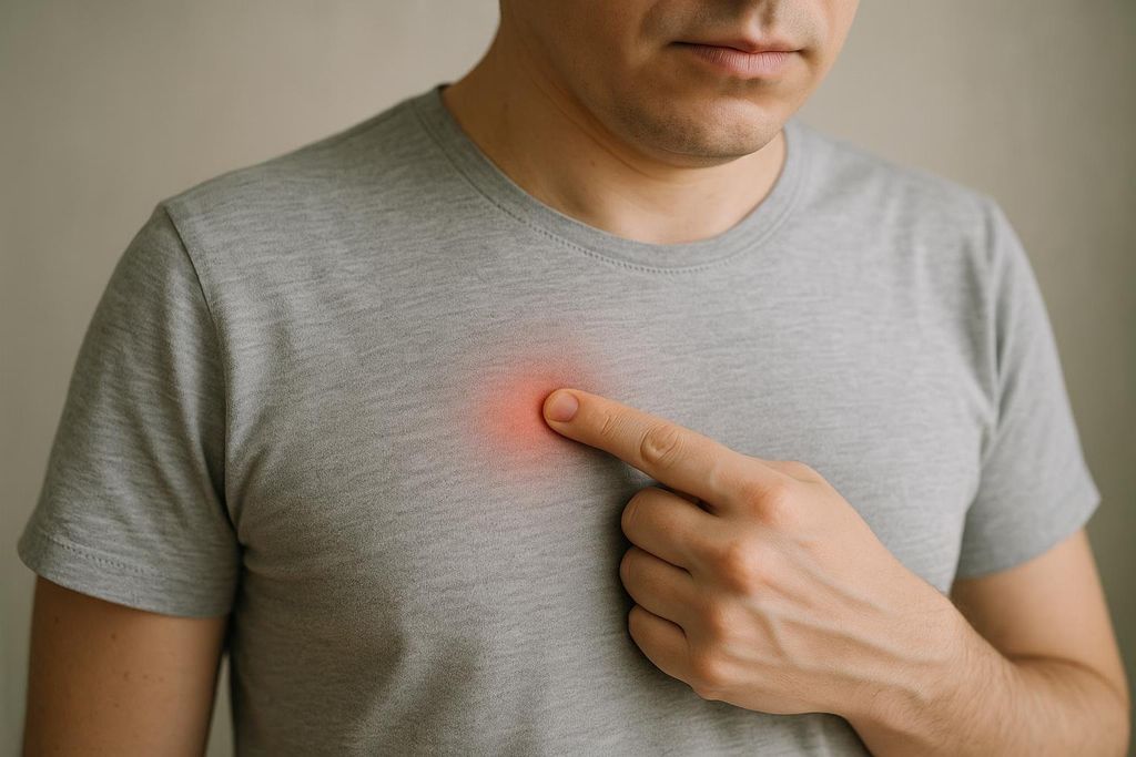 A man wearing a gray shirt points to an area on his chest highlighted by a red glow, indicating pain or tenderness.