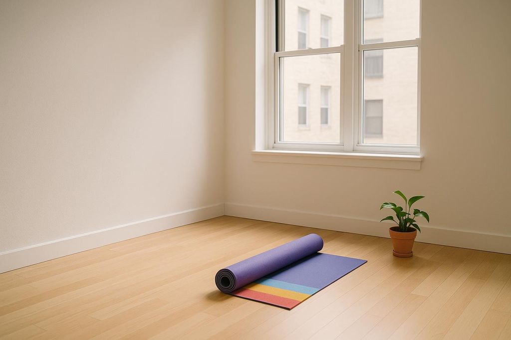 An empty, bright studio space with light wooden floors and white walls. A partially unrolled colorful yoga mat lies on the floor, and a small potted plant sits near a large window.