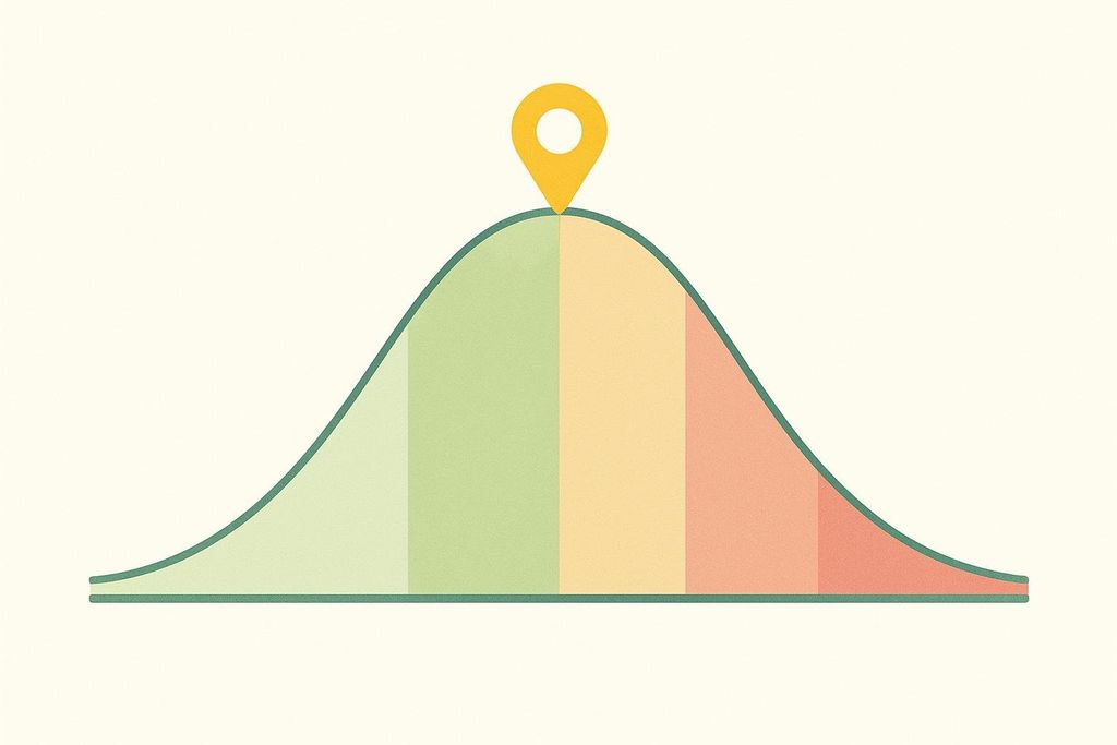 A bell curve chart with a yellow location pin indicating a specific point on the curve, which is divided into shaded segments in green, yellow, and orange.