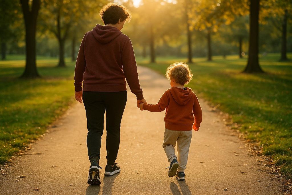 A parent and young child holding hands and walking away from the camera on a paved path in a park during sunset. The low sun creates a warm glow and highlights their hair.