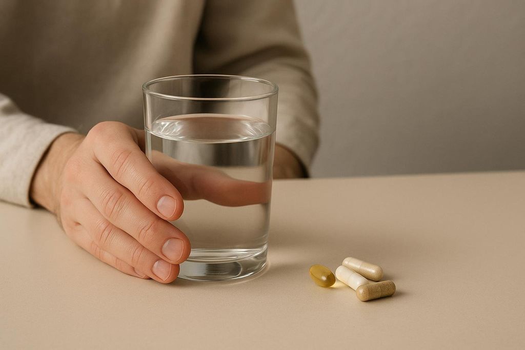 A person's hand resting near a glass of water, with several supplement capsules (one yellow, two off-white, and one light brown) placed on a light-colored surface beside it. The image illustrates taking supplements or medication with water.