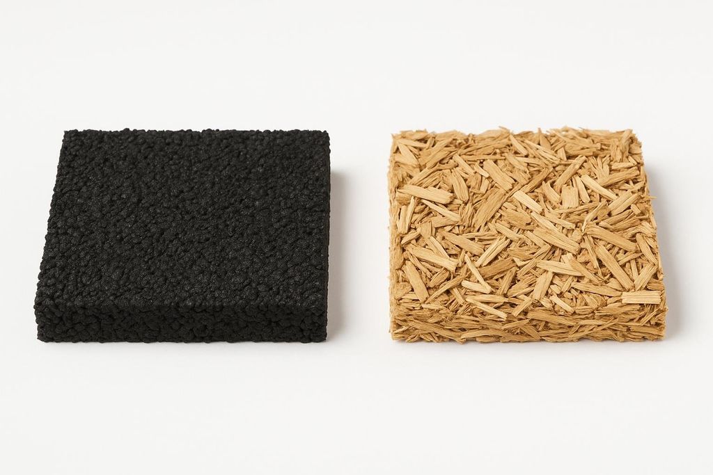 Two samples of safety surfacing for outdoor gyms are shown on a white background. On the left is a black, textured square representing poured-in-place rubber. On the right is a light brown, chipped material square, representing engineered wood fiber.