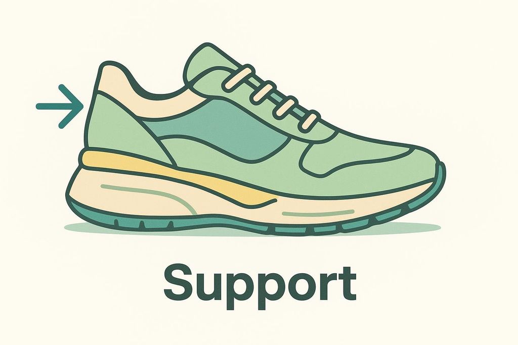 An illustration of a green athletic running shoe with an arrow pointing to the heel, which is labeled 'Support' in bold text below the shoe.