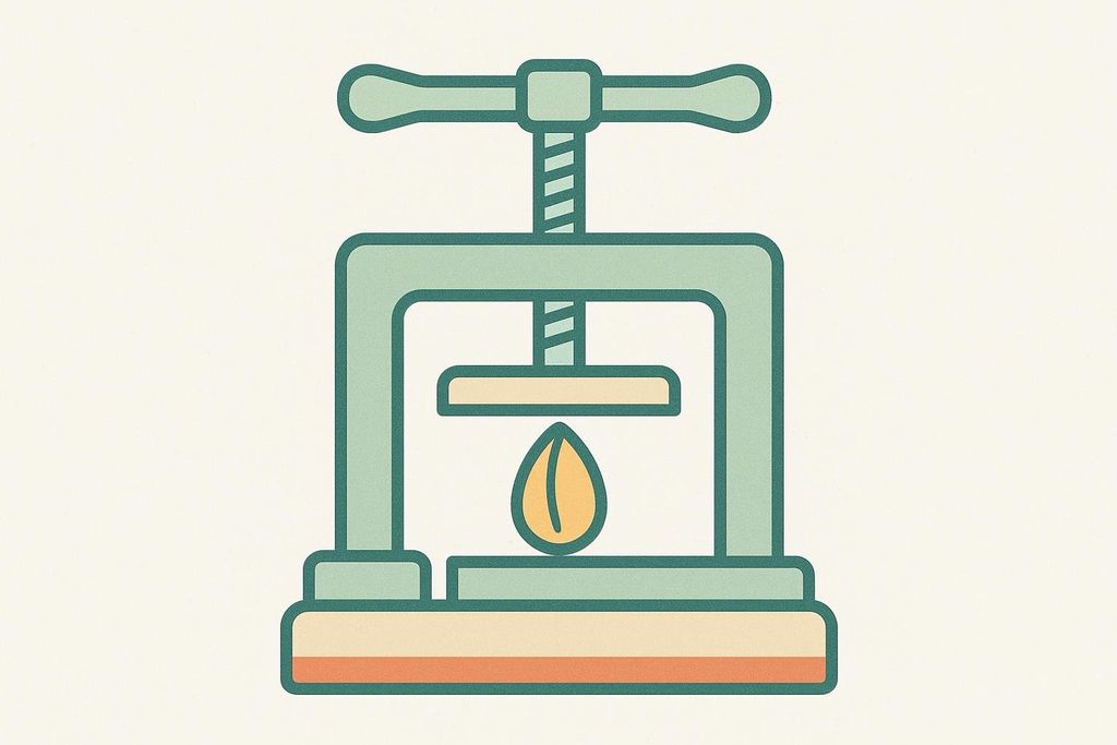 An icon of a green and beige mechanical press extracting oil from a single yellow seed, depicted with thick outlines and a simple, stylized aesthetic.
