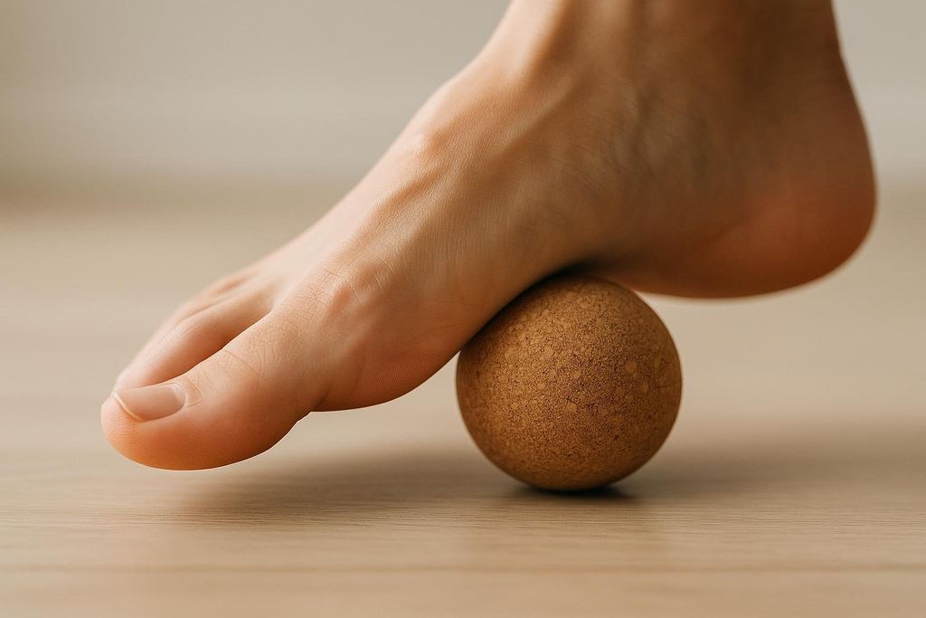 A close-up of a bare foot rolling on a cork massage ball to relieve plantar fascia tension. The foot is centered over the ball, which sits on a light wooden surface.