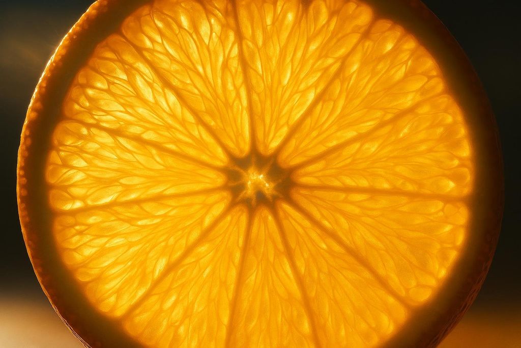 A macro close-up of a vibrant orange slice, beautifully backlit, revealing the intricate details of its juicy pulp and segments.