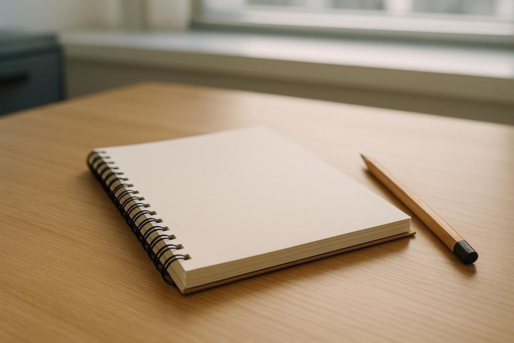 A blank, spiral-bound notebook with an unsharpened wooden pencil lying beside it on a light wooden desk. There is a blurry window in the background.