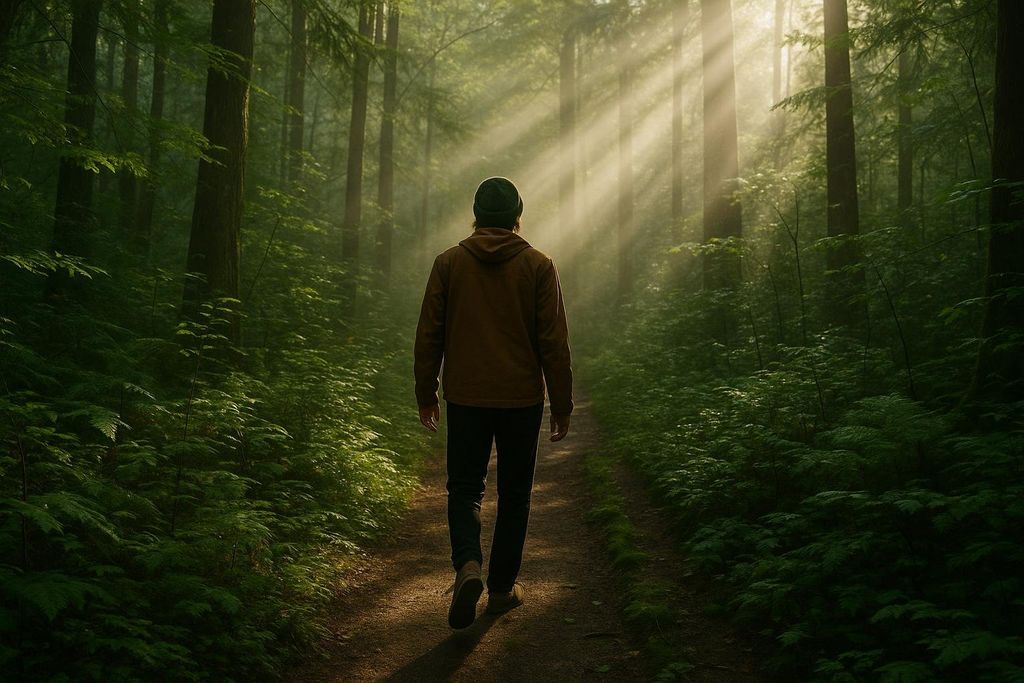 A person seen from behind, wearing a brown jacket and dark pants, walks on a dirt path through a lush green forest where rays of sunlight stream through the trees.