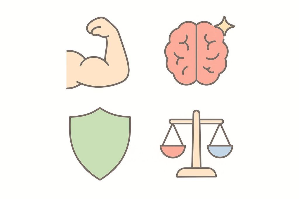Four colorful icons representing benefits of deep sleep: a strong bicep for muscle growth, a bright brain for brain health, a shield for immune support, and scales for hormone regulation or balance.