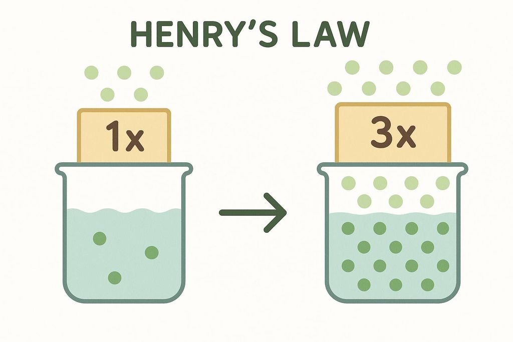 A diagram illustrating Henry's Law, showing two beakers. The left beaker has a low-pressure lid (1x) and few gas particles dissolved. An arrow points to the right beaker, which has a higher pressure lid (3x) and a significantly greater number of gas particles dissolved in the liquid, demonstrating that more gas dissolves under higher pressure.