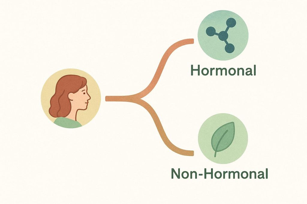 An illustration showing a woman's profile followed by a branching path leading to two options: 'Hormonal' represented by a molecular structure, and 'Non-Hormonal' represented by a leaf, symbolizing natural alternatives. This depicts choices for menopause symptom treatment.