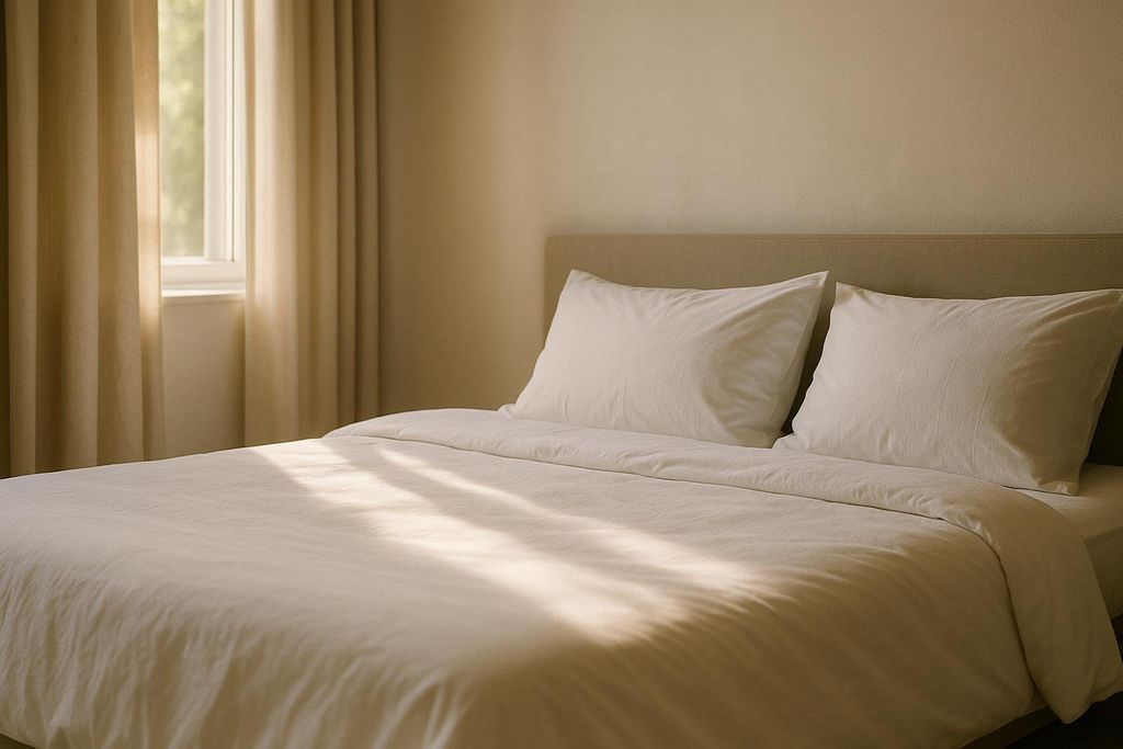 A comfortable bedroom with a bed featuring crisp white sheets and pillows. Sunlight streams in from a window on the left, casting shadows across the bed.