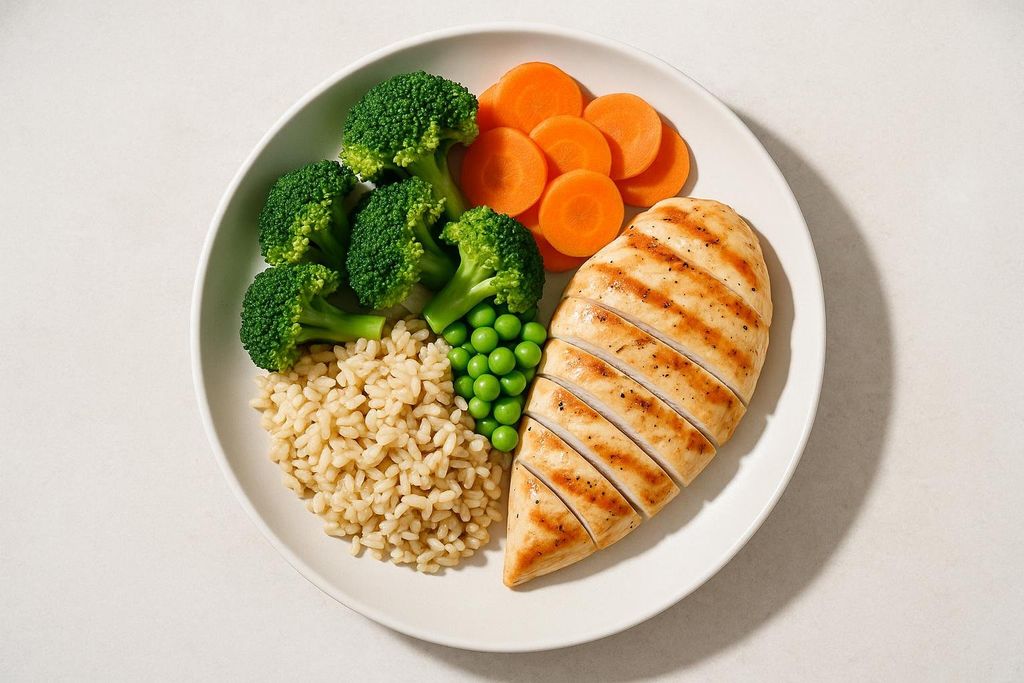 Overhead view of a white plate filled with grilled chicken breast slices, brown rice, green peas, broccoli florets, and sliced carrots.