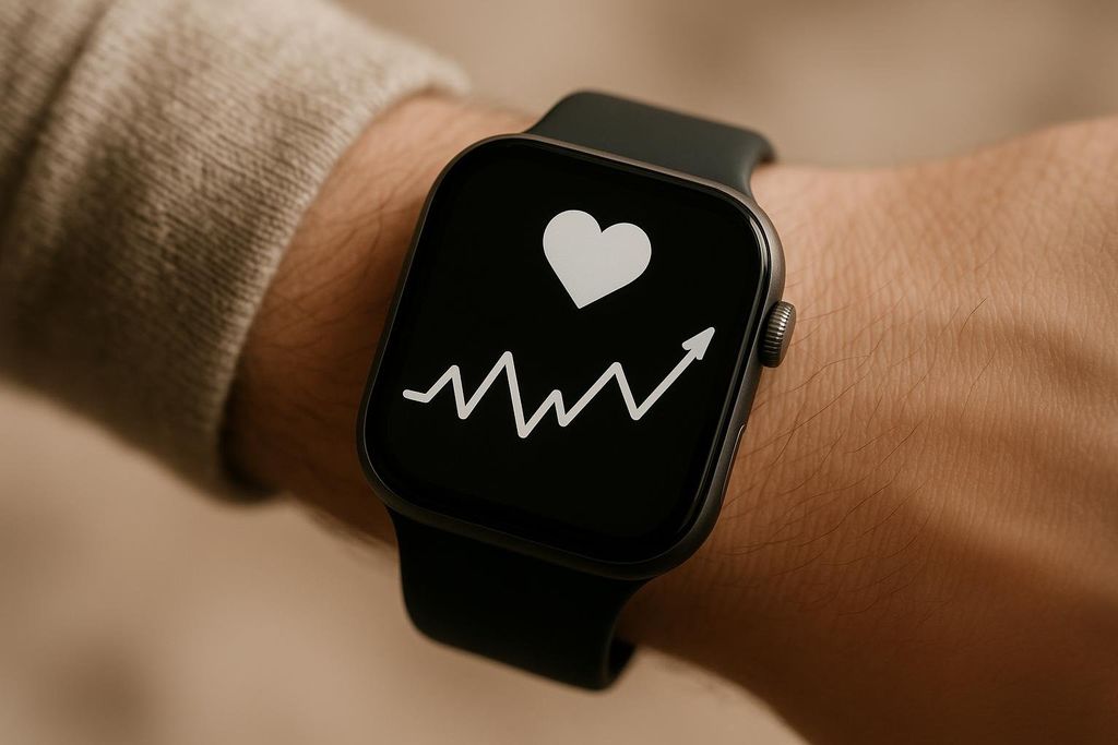A close-up of a person's wrist wearing a smartwatch displaying a white heart icon and an increasing heart rate graph on a black screen.