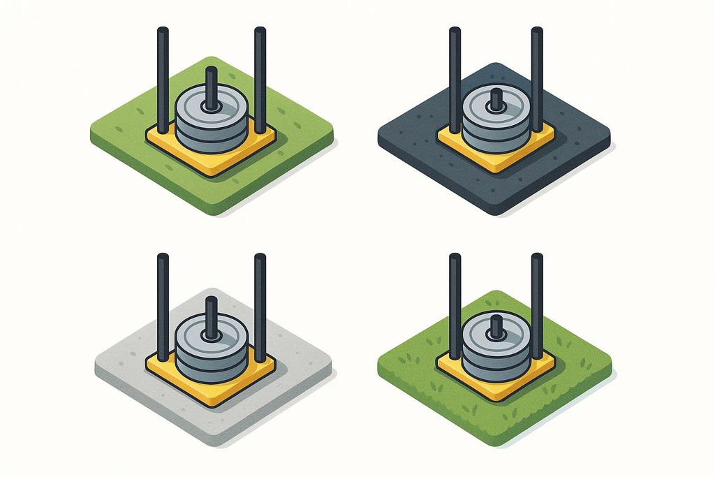 An illustration showing four isometric views of a yellow and gray weight sled on different training surfaces: green grass, dark gray rubber, light gray concrete, and another green grass patch. Each sled is weighted with two gray weight plates.