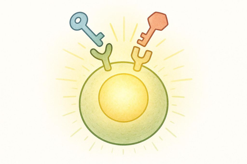 Illustration showing a dual-agonist peptide activating two different receptors on a cell, creating a synergistic effect. Two colored keys representing the peptide ligands are shown fitting into two different receptors on the surface of a cell, which is glowing with radiating lines.