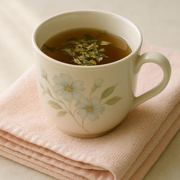 A close-up shot of a white ceramic mug with light blue floral designs, filled with herbal tea and floating herbs, resting on a folded pink terry cloth towel.