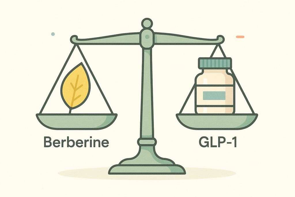 An illustration of a balance scale comparing berberine and GLP-1. On the left side, representing berberine, is a green leaf. On the right side, representing GLP-1, is a white pill bottle. Both sides are currently balanced.