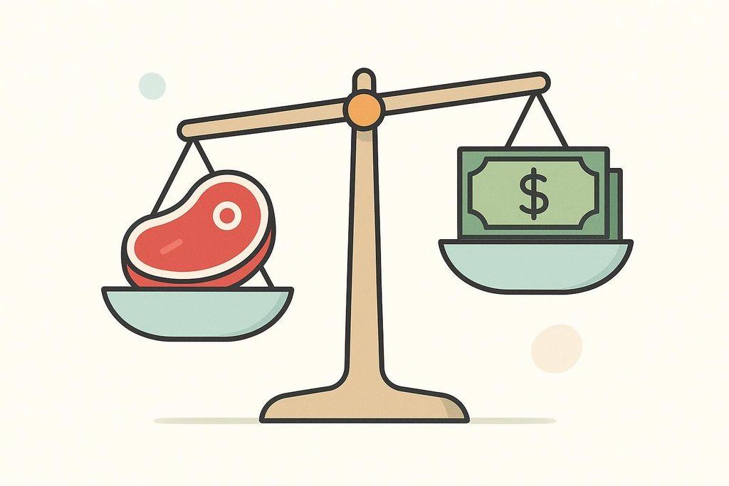 An illustration of a balance scale with a raw steak on one side and a stack of dollar bills on the other. Both sides are balanced, suggesting equal value or comparison between food cost and money.
