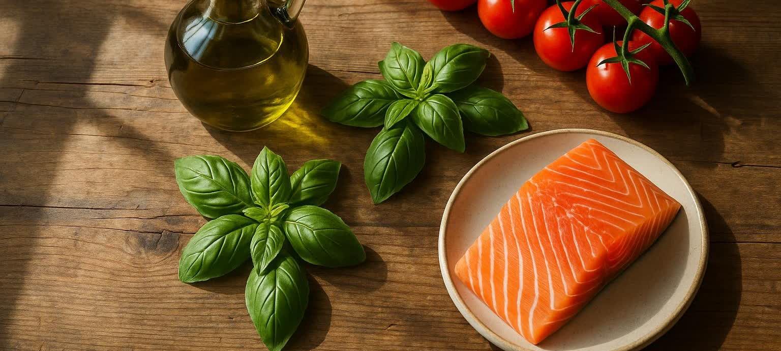 A flat lay of fresh Mediterranean diet ingredients on a wooden table, including a bottle of olive oil, vibrant green basil leaves, bright red cherry tomatoes on the vine, and a fillet of raw salmon on a white plate. Sunlight casts shadows across the scene.