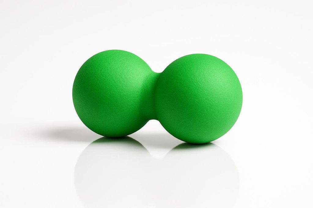 A vibrant green double massage ball, also called a peanut ball, rests on a reflective white surface.
