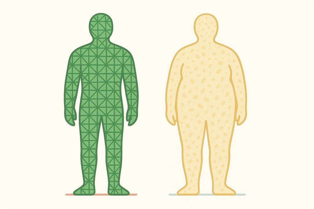 Illustration comparing two abstract human figures representing different body compositions. One figure is green with a geometric pattern representing muscle, and the other is yellowish with a spotted texture representing fat.