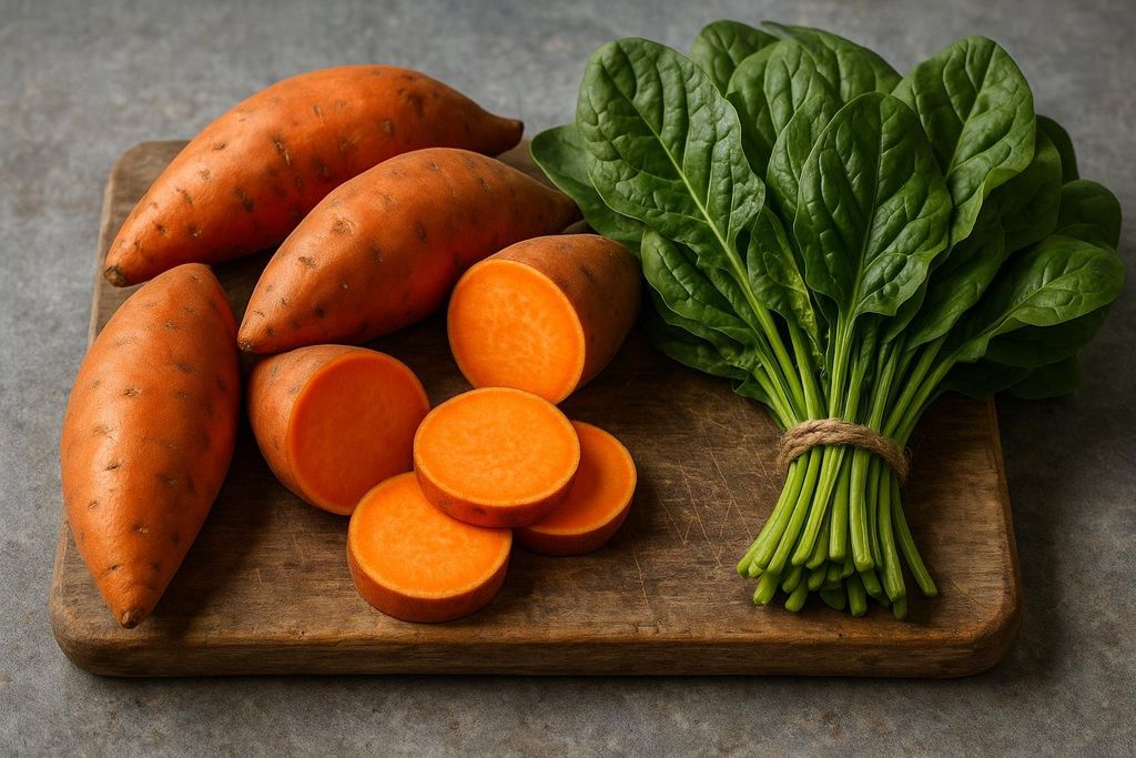 A close-up shot of several fresh sweet potatoes, some whole and some sliced to reveal their orange flesh, alongside a vibrant bunch of green spinach leaves tied with twine, all resting on a rustic wooden cutting board.