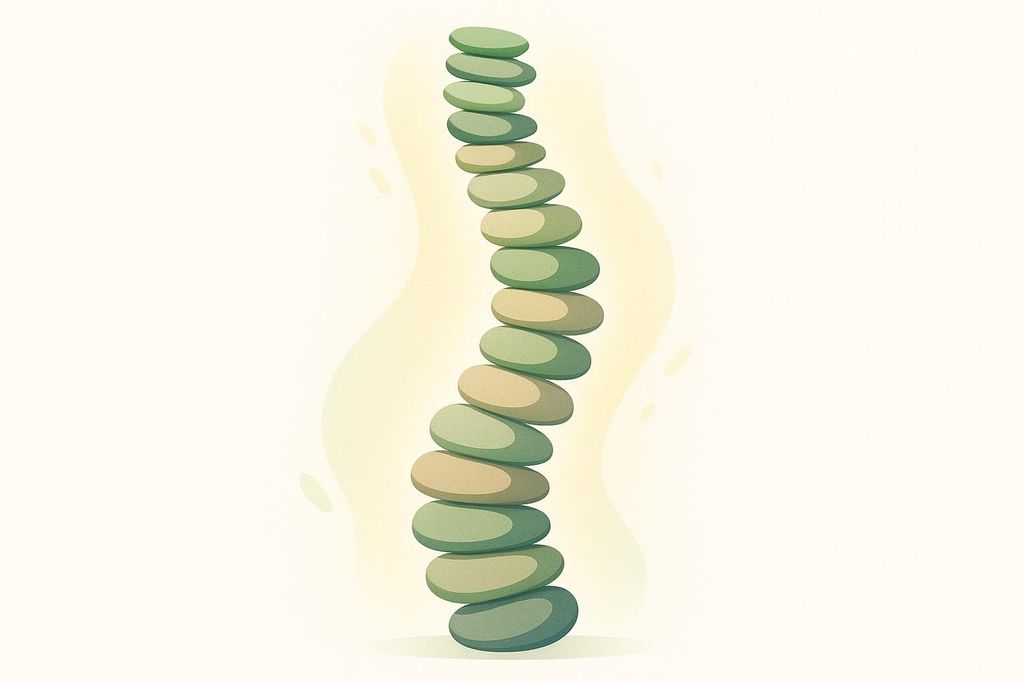 An illustration of smooth, rounded pebbles stacked vertically to form a curving shape that resembles a human spine. The pebbles are in varying shades of green and light brown, and the background is a light cream color with a subtle wavy, pale yellow shape behind the stack.