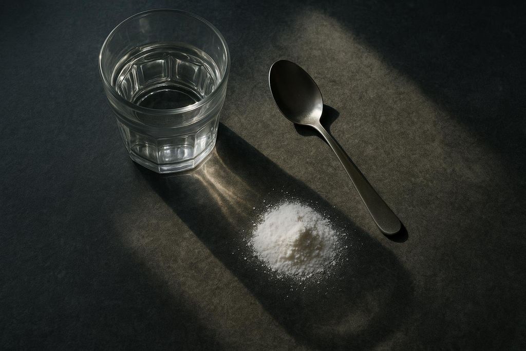A flat lay image showing a pile of white powder, a single metal spoon, and a glass of water on a dark stone counter, illuminated by a diagonal beam of light.