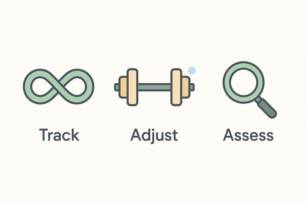 Three functional icons and labels outlining the steps to Track, Adjust, and Assess a workout plan. The first icon is an infinity symbol with the label 'Track', the second is a dumbbell with the label 'Adjust', and the third is a magnifying glass with the label 'Assess'.