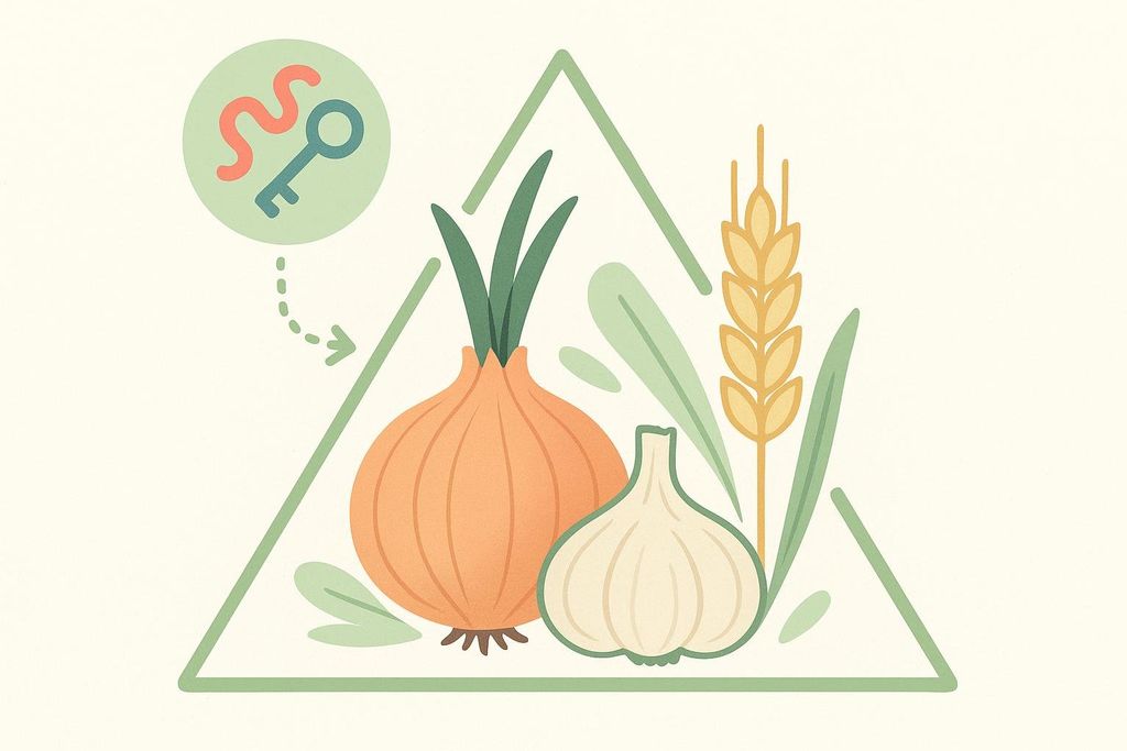 An illustration showing a key, representing an enzyme, unlocking or targeting an onion, garlic, and a wheat stalk, all inside a green triangular frame. This represents an enzyme key targeting FODMAPs like onion, garlic, and wheat.