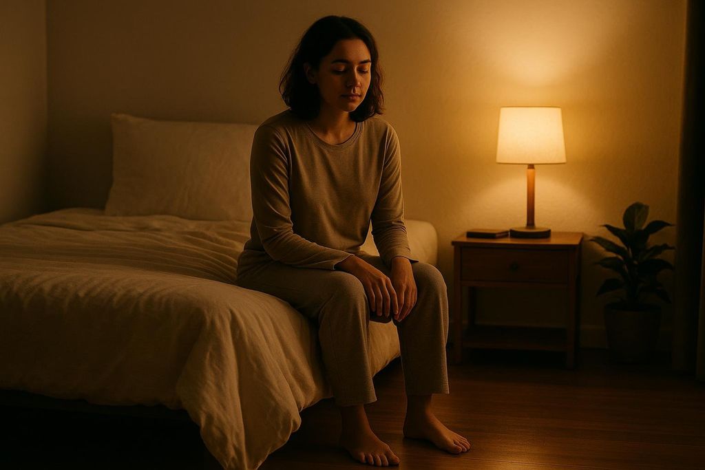 A young woman sits on her bed at night with her eyes closed, seemingly in thought or meditation, illuminated by a warm lamp beside her.