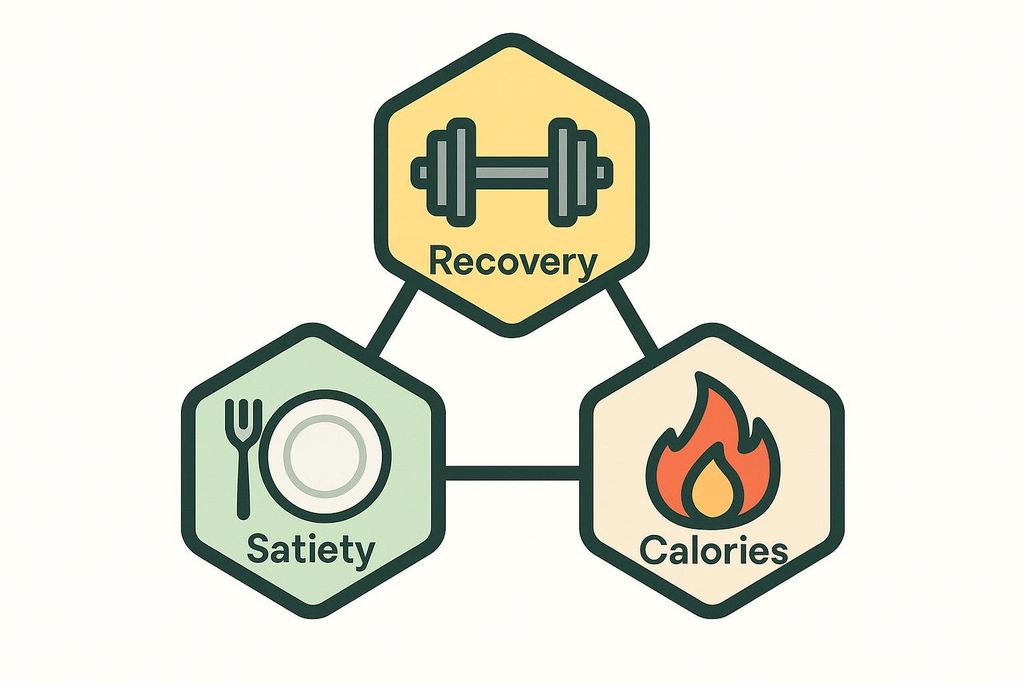 A graphical web showing the three main benefits of protein ice cream. The benefits are represented by hexagons connected by lines. The top hexagon, colored yellow, has an icon of a dumbbell and the text "Recovery". The bottom left hexagon, colored green, has an icon of a plate and cutlery, with the text "Satiety". The bottom right hexagon, colored orange, has an icon of a flame and the text "Calories".