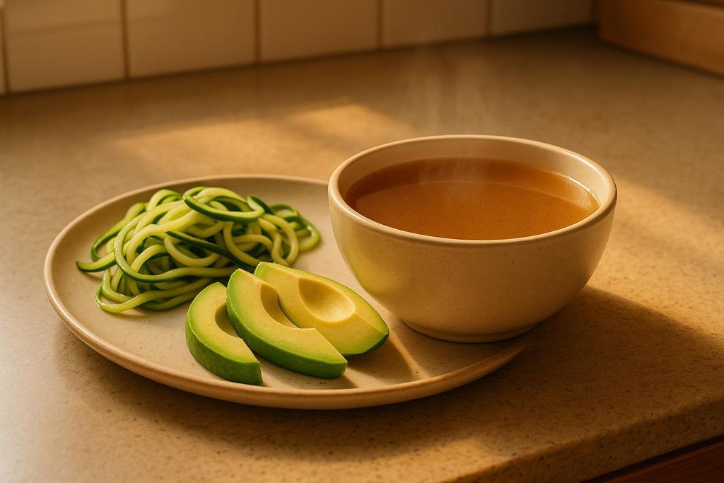 A beige bowl of steaming bone broth next to a beige plate with two slices of avocado and a pile of green zucchini noodles, all on a light brown countertop.