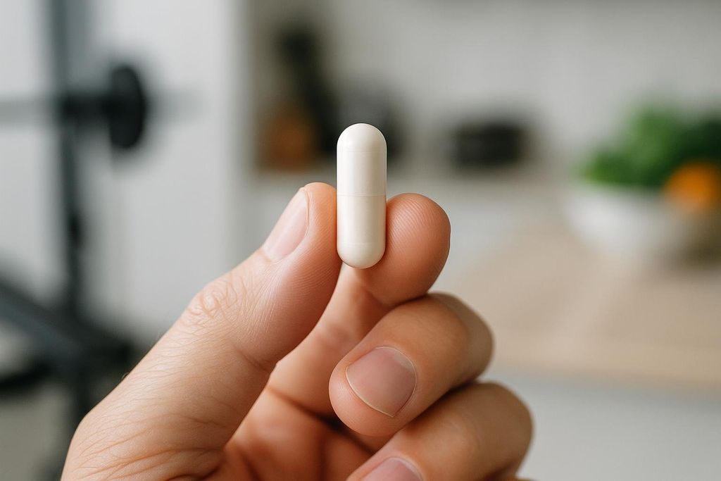 A hand holds up a white capsule against a blurred background.
