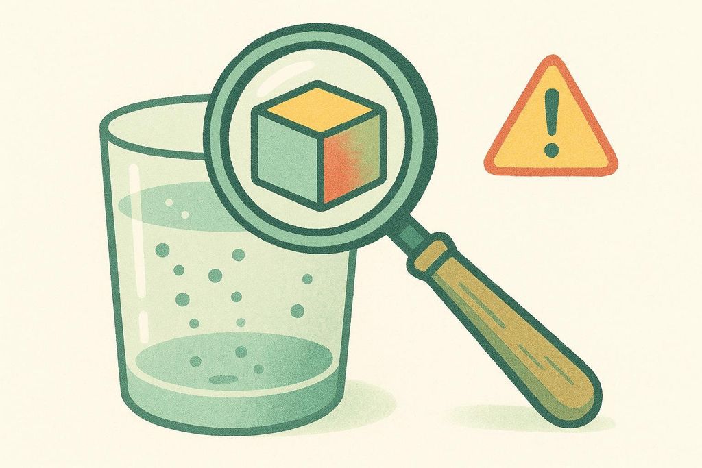 An illustration showing a magnifying glass revealing an artificial cube-shaped ingredient in a glass of water, with a yellow warning sign nearby. The image suggests a focus on hidden or potentially harmful substances in beverages.