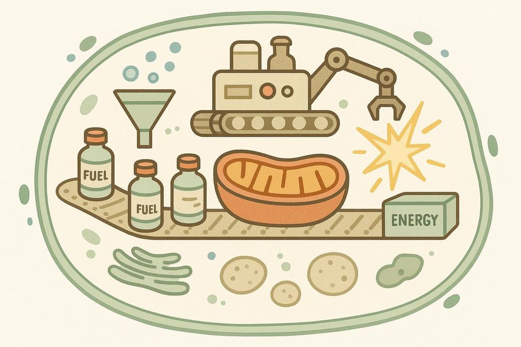 A stylized cartoon illustration depicting energy production within a cell. Fuel bottles travel on a conveyor belt to a mitochondrion, where a machine extracts energy, represented by a bursting star and an 'ENERGY' box.