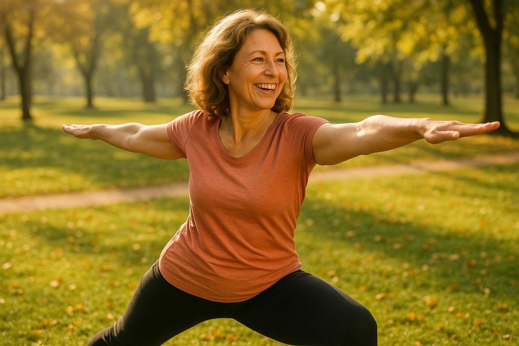 A vibrant middle-aged woman with light brown hair smiles while doing a warrior II yoga pose outdoors in a sunny park.