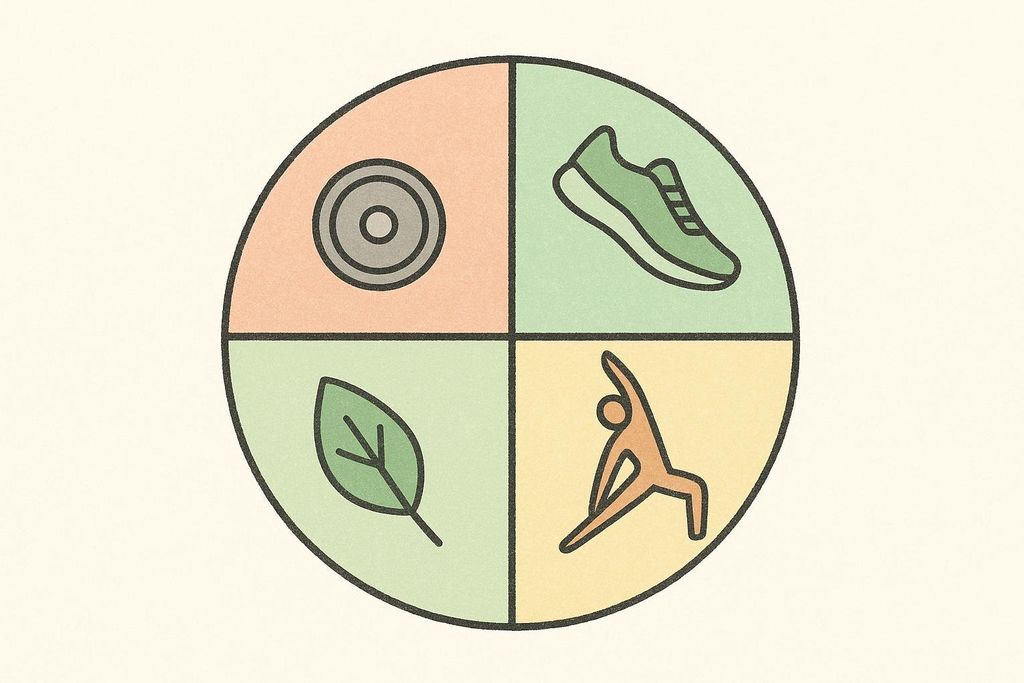 An illustration of a circular diagram divided into four quadrants, each containing an icon representing a type of training or activity. Icons include a weight plate, a running shoe, a leaf, and a person in a yoga pose. The quadrants are colored in soft tones of orange, green, and yellow.