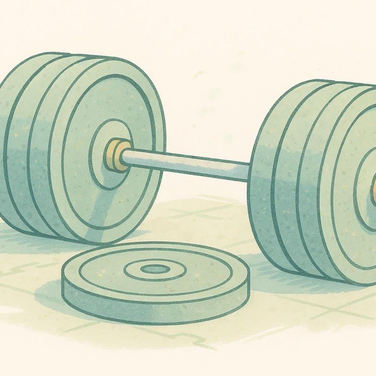 An illustration of a light green barbell with circular weight plates on each end, resting on a light-colored surface. An additional, single weight plate lies on the ground in front of the barbell.