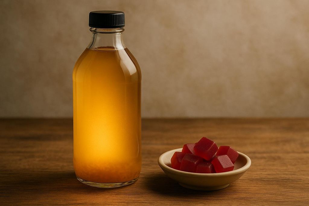 Apple cider vinegar bottle next to gummy vitamins